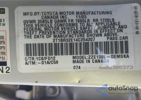 2004 Toyota Corolla S from USA, damaged, VIN 2T1BR32E14C254207